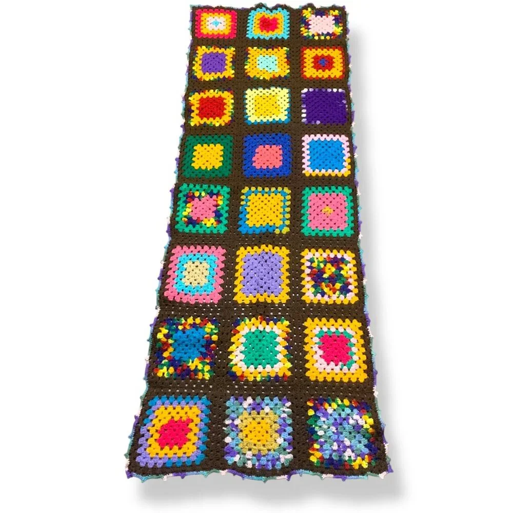 Handcrafted Colorful Crochet Granny Square Wrap Shawl Brown Base Boho Cottagecor